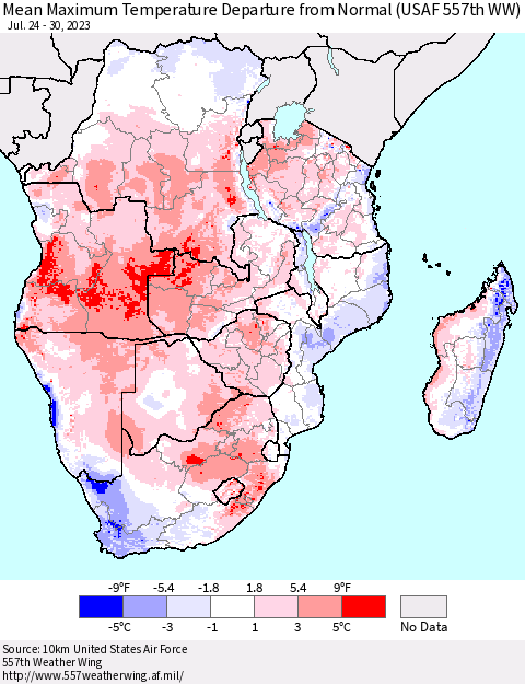 Southern Africa Mean Maximum Temperature Departure from Normal (USAF 557th WW) Thematic Map For 7/24/2023 - 7/30/2023
