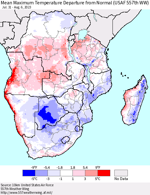 Southern Africa Mean Maximum Temperature Departure from Normal (USAF 557th WW) Thematic Map For 7/31/2023 - 8/6/2023