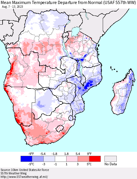 Southern Africa Mean Maximum Temperature Departure from Normal (USAF 557th WW) Thematic Map For 8/7/2023 - 8/13/2023