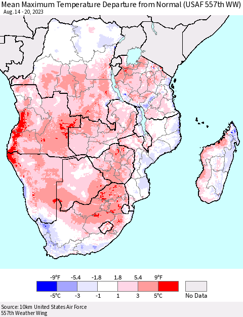 Southern Africa Mean Maximum Temperature Departure from Normal (USAF 557th WW) Thematic Map For 8/14/2023 - 8/20/2023