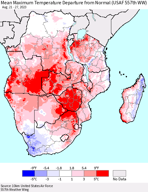 Southern Africa Mean Maximum Temperature Departure from Normal (USAF 557th WW) Thematic Map For 8/21/2023 - 8/27/2023