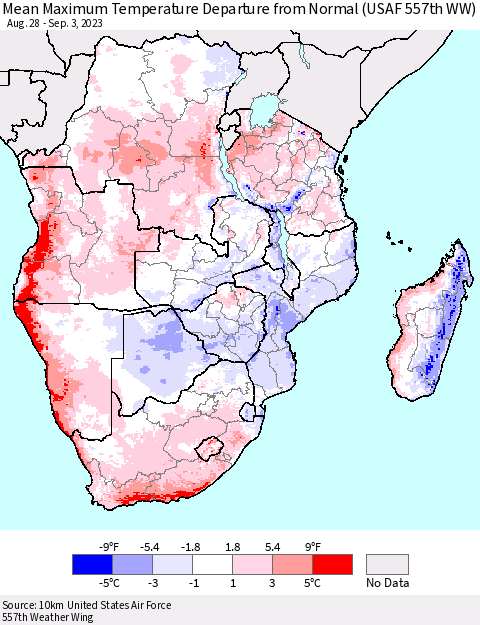 Southern Africa Mean Maximum Temperature Departure from Normal (USAF 557th WW) Thematic Map For 8/28/2023 - 9/3/2023