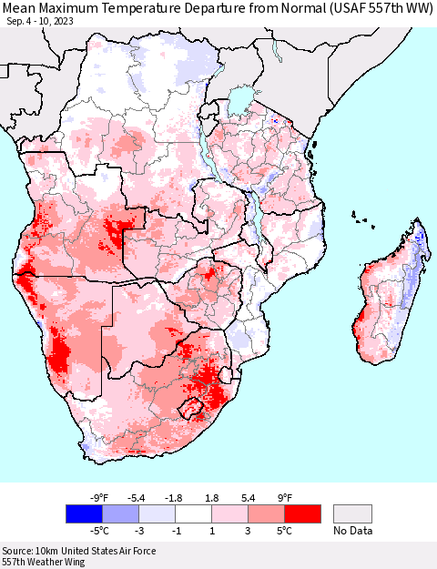 Southern Africa Mean Maximum Temperature Departure from Normal (USAF 557th WW) Thematic Map For 9/4/2023 - 9/10/2023