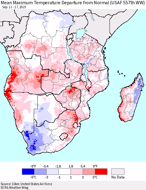 Southern Africa Mean Maximum Temperature Departure from Normal (USAF 557th WW) Thematic Map For 9/11/2023 - 9/17/2023