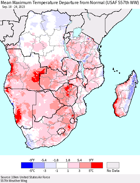 Southern Africa Mean Maximum Temperature Departure from Normal (USAF 557th WW) Thematic Map For 9/18/2023 - 9/24/2023