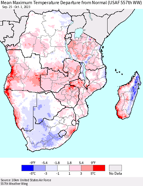 Southern Africa Mean Maximum Temperature Departure from Normal (USAF 557th WW) Thematic Map For 9/25/2023 - 10/1/2023