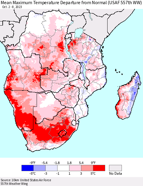 Southern Africa Mean Maximum Temperature Departure from Normal (USAF 557th WW) Thematic Map For 10/2/2023 - 10/8/2023