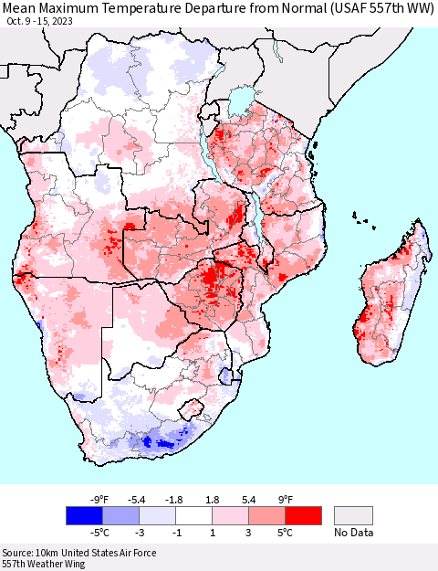 Southern Africa Mean Maximum Temperature Departure from Normal (USAF 557th WW) Thematic Map For 10/9/2023 - 10/15/2023