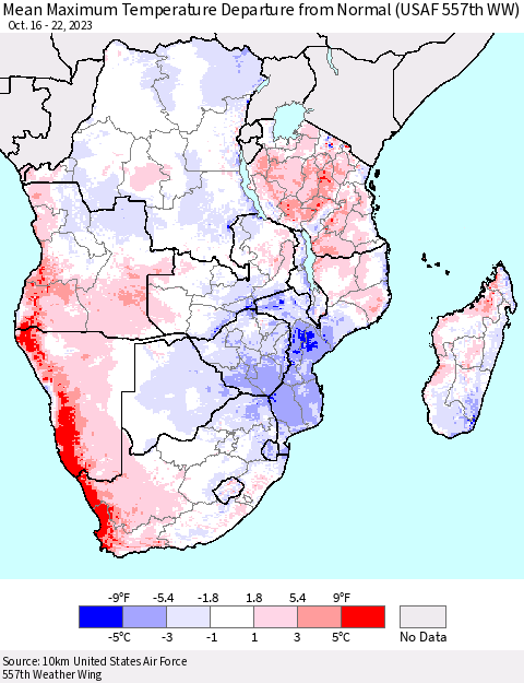 Southern Africa Mean Maximum Temperature Departure from Normal (USAF 557th WW) Thematic Map For 10/16/2023 - 10/22/2023