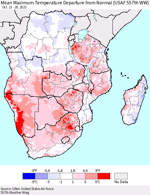Southern Africa Mean Maximum Temperature Departure from Normal (USAF 557th WW) Thematic Map For 10/23/2023 - 10/29/2023