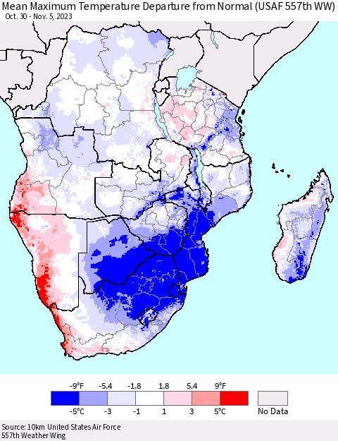 Southern Africa Mean Maximum Temperature Departure from Normal (USAF 557th WW) Thematic Map For 10/30/2023 - 11/5/2023