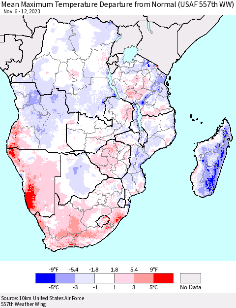 Southern Africa Mean Maximum Temperature Departure from Normal (USAF 557th WW) Thematic Map For 11/6/2023 - 11/12/2023