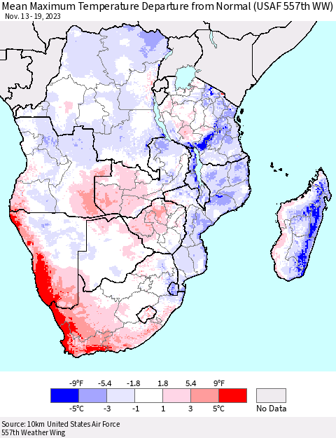 Southern Africa Mean Maximum Temperature Departure from Normal (USAF 557th WW) Thematic Map For 11/13/2023 - 11/19/2023