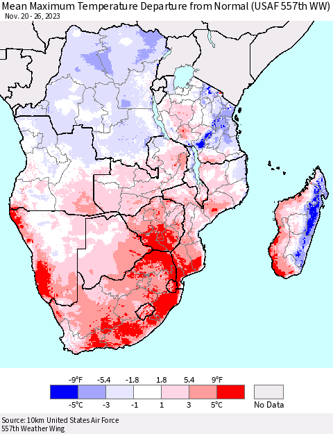 Southern Africa Mean Maximum Temperature Departure from Normal (USAF 557th WW) Thematic Map For 11/20/2023 - 11/26/2023