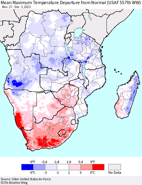 Southern Africa Mean Maximum Temperature Departure from Normal (USAF 557th WW) Thematic Map For 11/27/2023 - 12/3/2023
