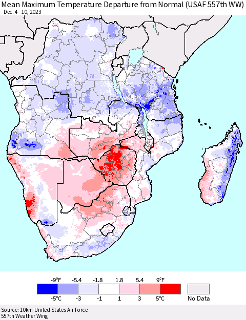 Southern Africa Mean Maximum Temperature Departure from Normal (USAF 557th WW) Thematic Map For 12/4/2023 - 12/10/2023