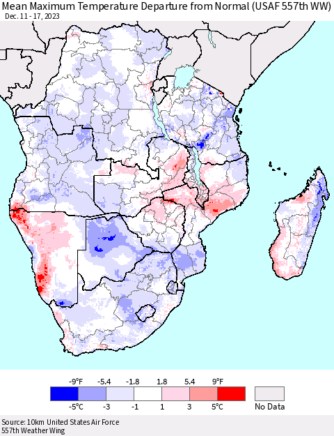 Southern Africa Mean Maximum Temperature Departure from Normal (USAF 557th WW) Thematic Map For 12/11/2023 - 12/17/2023
