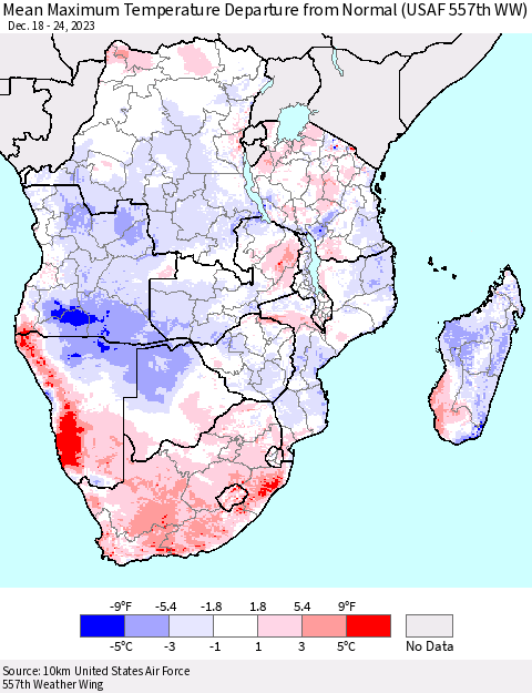 Southern Africa Mean Maximum Temperature Departure from Normal (USAF 557th WW) Thematic Map For 12/18/2023 - 12/24/2023