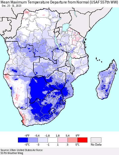 Southern Africa Mean Maximum Temperature Departure from Normal (USAF 557th WW) Thematic Map For 12/25/2023 - 12/31/2023