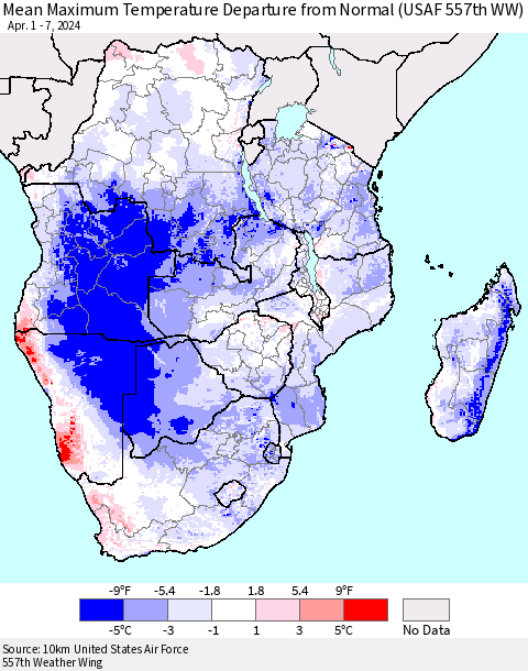 Southern Africa Mean Maximum Temperature Departure from Normal (USAF 557th WW) Thematic Map For 4/1/2024 - 4/7/2024