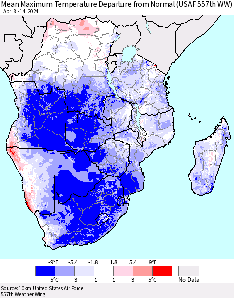 Southern Africa Mean Maximum Temperature Departure from Normal (USAF 557th WW) Thematic Map For 4/8/2024 - 4/14/2024