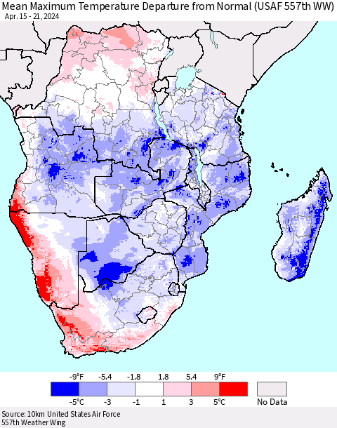 Southern Africa Mean Maximum Temperature Departure from Normal (USAF 557th WW) Thematic Map For 4/15/2024 - 4/21/2024