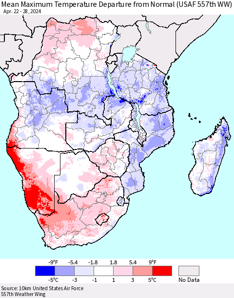 Southern Africa Mean Maximum Temperature Departure from Normal (USAF 557th WW) Thematic Map For 4/22/2024 - 4/28/2024