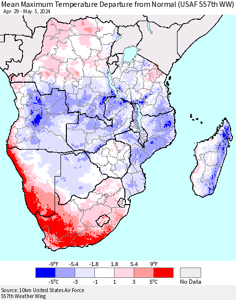 Southern Africa Mean Maximum Temperature Departure from Normal (USAF 557th WW) Thematic Map For 4/29/2024 - 5/5/2024