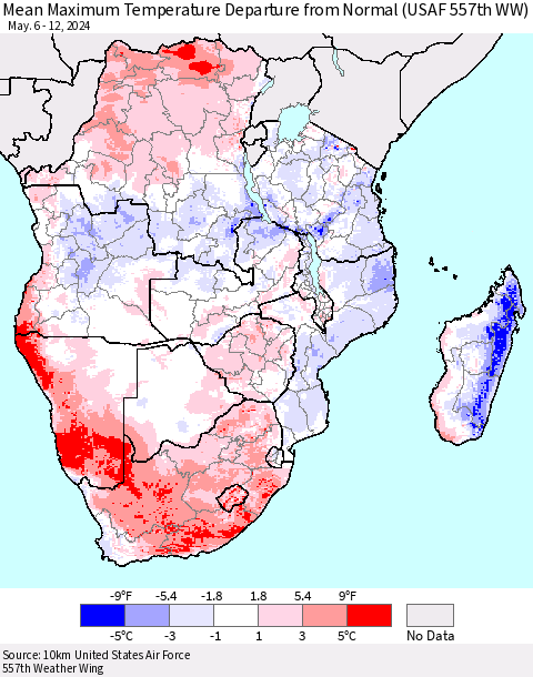 Southern Africa Mean Maximum Temperature Departure from Normal (USAF 557th WW) Thematic Map For 5/6/2024 - 5/12/2024