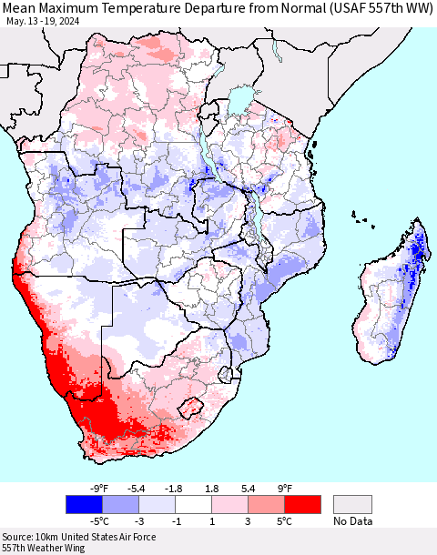 Southern Africa Mean Maximum Temperature Departure from Normal (USAF 557th WW) Thematic Map For 5/13/2024 - 5/19/2024