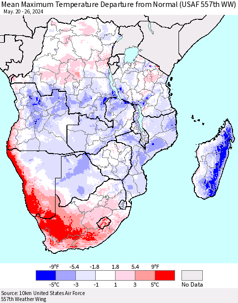 Southern Africa Mean Maximum Temperature Departure from Normal (USAF 557th WW) Thematic Map For 5/20/2024 - 5/26/2024