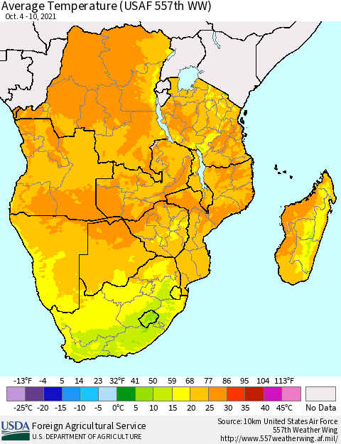 Southern Africa Average Temperature (USAF 557th WW) Thematic Map For 10/4/2021 - 10/10/2021