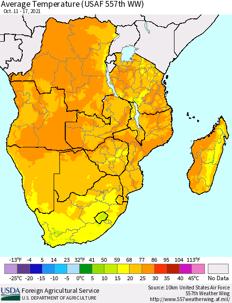 Southern Africa Average Temperature (USAF 557th WW) Thematic Map For 10/11/2021 - 10/17/2021