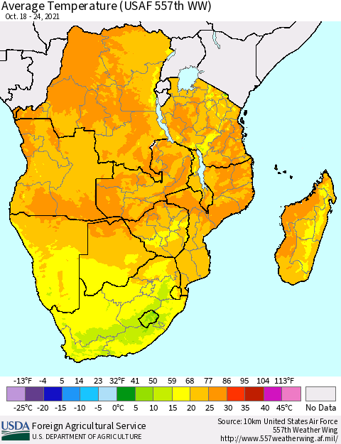 Southern Africa Average Temperature (USAF 557th WW) Thematic Map For 10/18/2021 - 10/24/2021