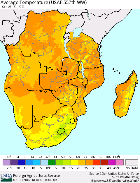 Southern Africa Average Temperature (USAF 557th WW) Thematic Map For 10/25/2021 - 10/31/2021