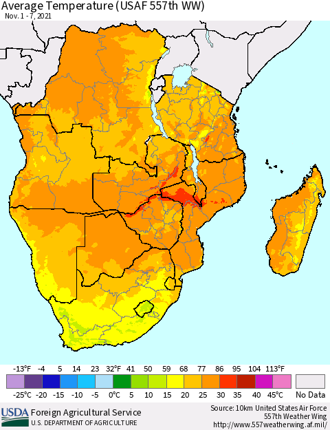 Southern Africa Average Temperature (USAF 557th WW) Thematic Map For 11/1/2021 - 11/7/2021