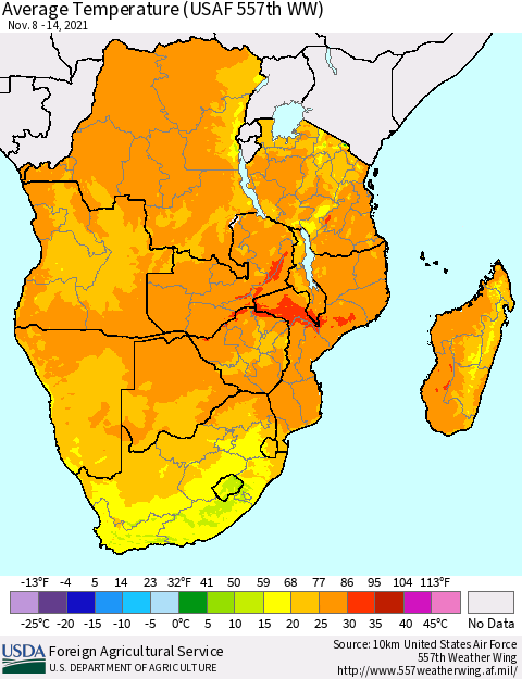 Southern Africa Average Temperature (USAF 557th WW) Thematic Map For 11/8/2021 - 11/14/2021