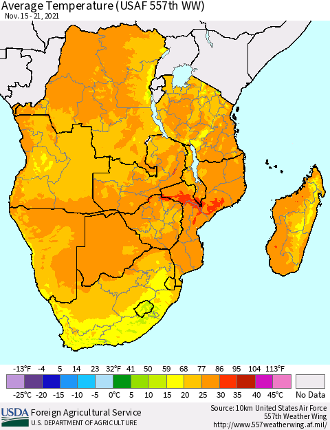 Southern Africa Average Temperature (USAF 557th WW) Thematic Map For 11/15/2021 - 11/21/2021