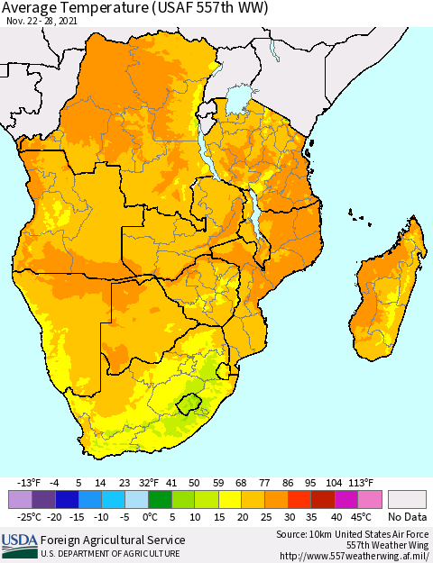 Southern Africa Average Temperature (USAF 557th WW) Thematic Map For 11/22/2021 - 11/28/2021