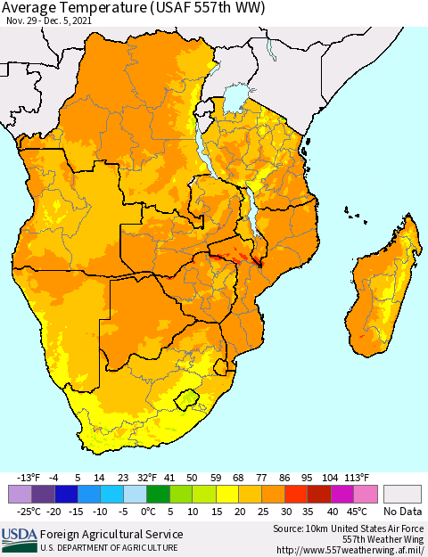Southern Africa Average Temperature (USAF 557th WW) Thematic Map For 11/29/2021 - 12/5/2021