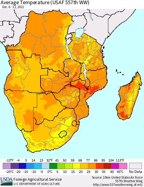 Southern Africa Average Temperature (USAF 557th WW) Thematic Map For 12/6/2021 - 12/12/2021