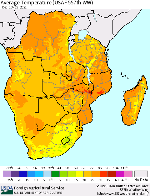 Southern Africa Average Temperature (USAF 557th WW) Thematic Map For 12/13/2021 - 12/19/2021