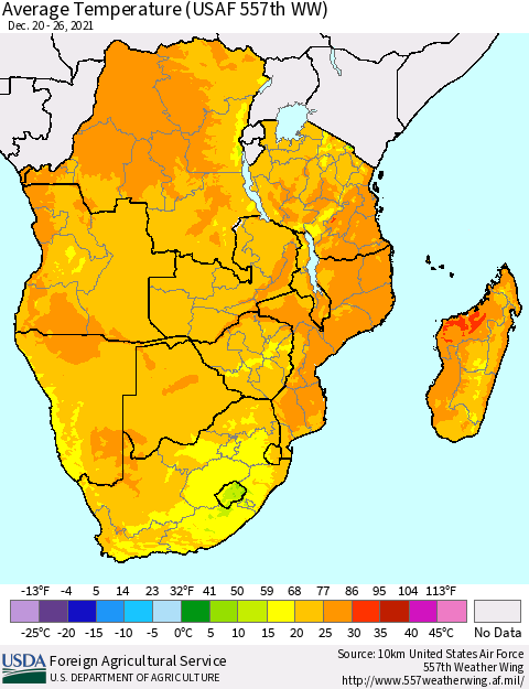 Southern Africa Average Temperature (USAF 557th WW) Thematic Map For 12/20/2021 - 12/26/2021