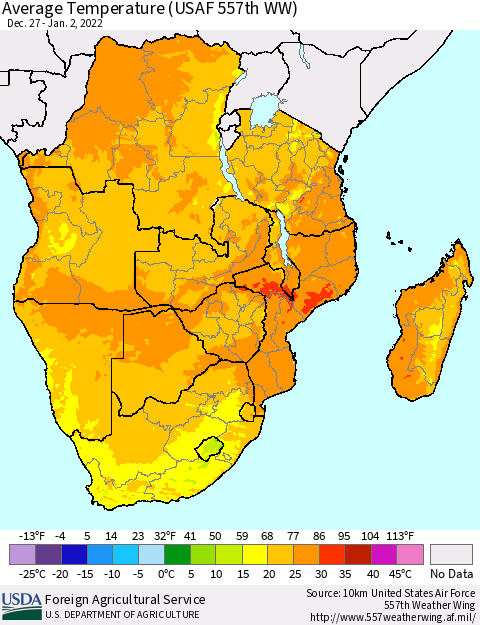 Southern Africa Average Temperature (USAF 557th WW) Thematic Map For 12/27/2021 - 1/2/2022