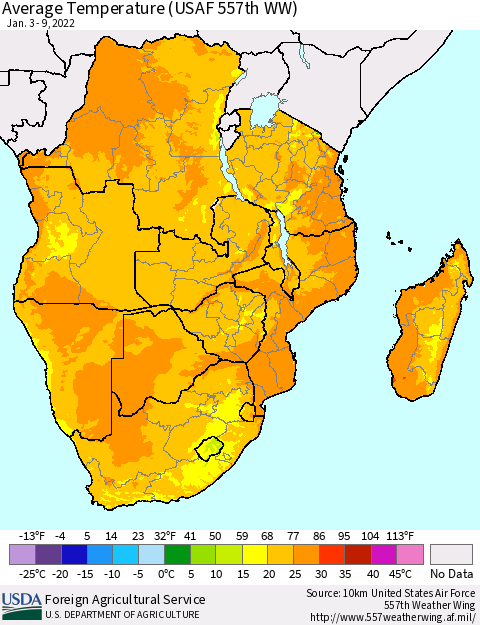 Southern Africa Average Temperature (USAF 557th WW) Thematic Map For 1/3/2022 - 1/9/2022