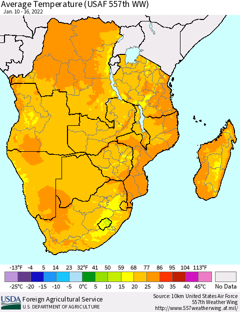 Southern Africa Average Temperature (USAF 557th WW) Thematic Map For 1/10/2022 - 1/16/2022