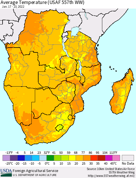Southern Africa Average Temperature (USAF 557th WW) Thematic Map For 1/17/2022 - 1/23/2022