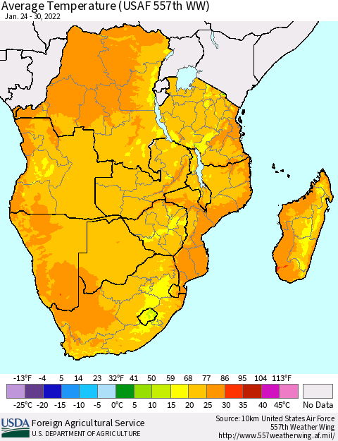 Southern Africa Average Temperature (USAF 557th WW) Thematic Map For 1/24/2022 - 1/30/2022