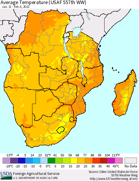 Southern Africa Average Temperature (USAF 557th WW) Thematic Map For 1/31/2022 - 2/6/2022