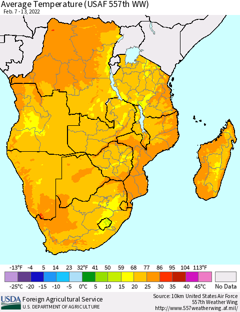 Southern Africa Average Temperature (USAF 557th WW) Thematic Map For 2/7/2022 - 2/13/2022